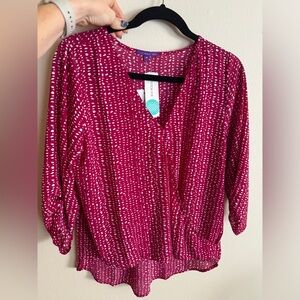 Surplice roll tab high low blouse 3/4 sleeves